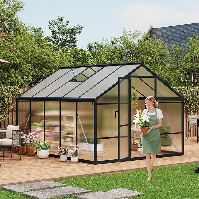 8x10ft Greenhouse Aluminum Greenhouse for Outdoors with Roof Vent, Lockable Outward-Opening Swing Door, Heavy-Duty Polycarbonate Walk-in Green House for Garden, Backyard, Patio, Lawn, Dark Grey