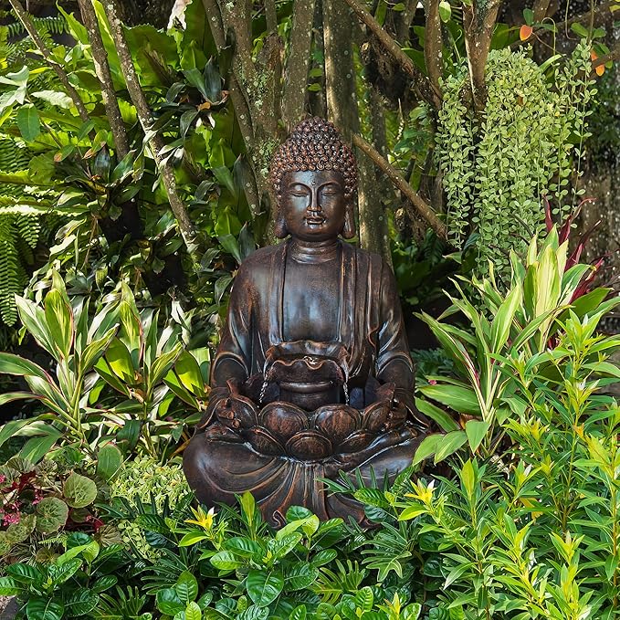 Glitzhome Buddha Fountain with Pump & LED Light, 2 Tier Zen Style Meditating Buddha Water Fountain Outdoor Fountains and Waterfalls Floor Fountains Buddhas Statues for Garden Patio Backyard 23.25" H