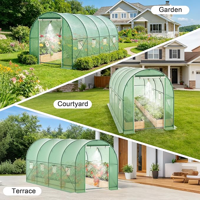 Greenhouses for Outdoors, Walk-in Green Houses for Outside Heavy Duty, Large Greenhouse with 8 Ventilated Screen Windows & 2 Roll-up Doors & Reinforced Frame (15×7×7 FT with Irrigation System)