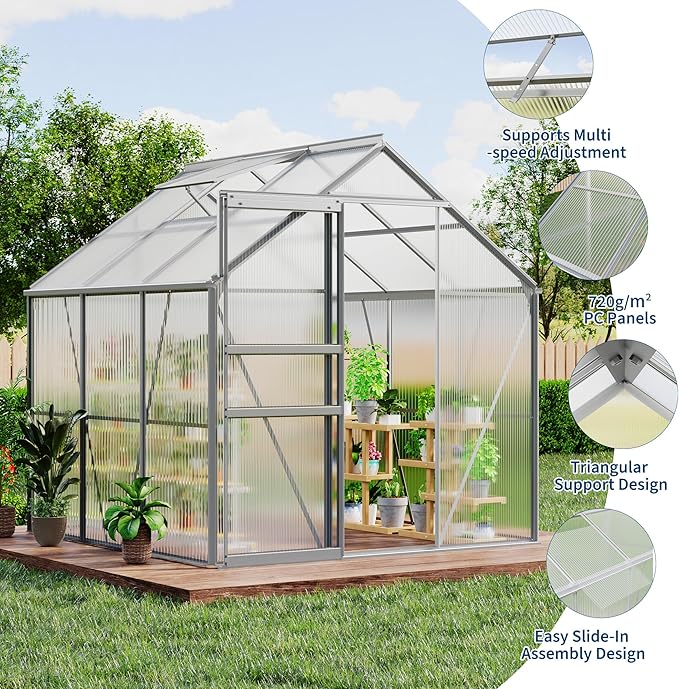 Garvee 6 x 6 FT Outdoor Greenhouse, Polycarbonate Greenhouses with Aluminum Frame, Sliding Door, Adjustable Roof Vent for Backyard, Green Houses for Outside Garden Backyard, Patio, Silver