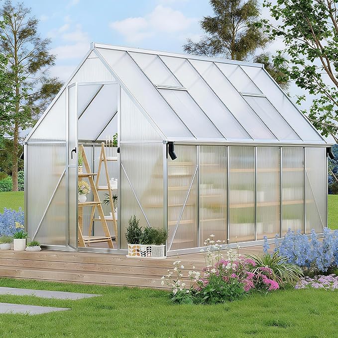 8x12ft Greenhouses for Outdoors, Polycarbonate Greenhouse with Roof Vent, Aluminum Frame Walk-in Greenhouse Kit for Backyard All Seasons Use