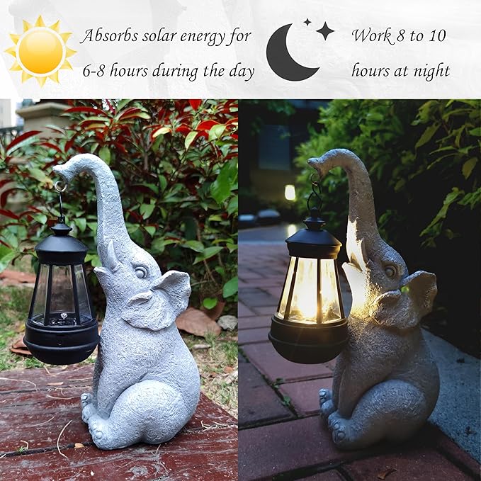 Qobumy Elephant Solar Garden Statues,Resin Elephant Figurine Decorations with Solar Lights Lantern, Outdoor Figurines Lawn Garden Statue Decor Art for Lawn,Yard, Balcony Ornament.