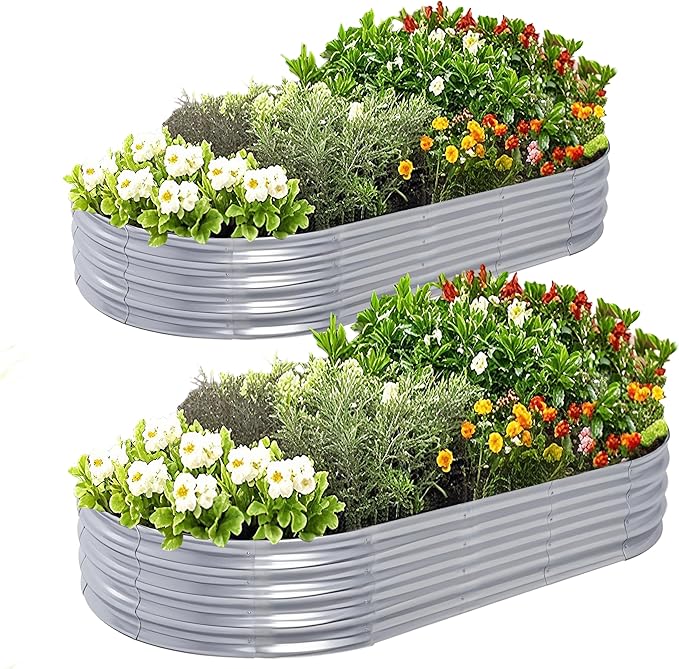 Galvanized Raised Garden Bed Kit, Planter Garden Boxes Outdoor, Oval Large Metal for Vegetables Fruits, Flowers Planter Boxes, Easy Assembly Garden Bed Kit 4x2x1 FT (2-Pack)