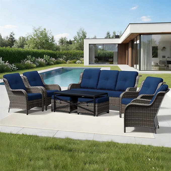 Joyside 8 Piece Wicker Patio Furniture Set, Rattan Patio Chairs with High Back, Deep Seating, Wide Armrest, Thickened Cushions, Outdoor Furniture for Deck, Porch Use