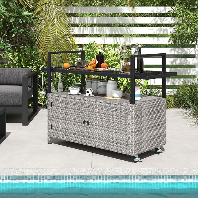 Tangkula Outdoor Bar Cart, Patiojoy Rolling Wicker Buffet Serving Cart with Tempered Glass Top, Storage Cabinet & 8 Hooks, Kitchen Island Cart on Wheels for Porch Backyard Garden Poolside (Mix Grey)