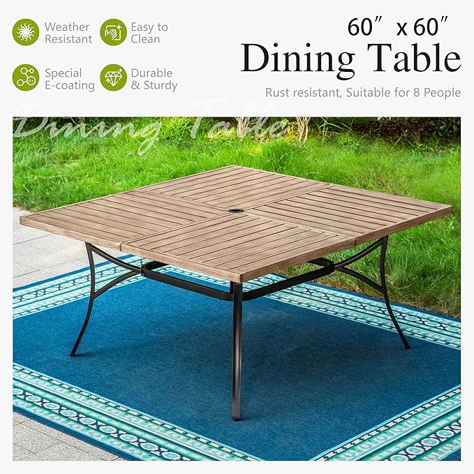 Sophia & William Patio Table and Chairs Set, Outdoor Dining Set for 8, 9 Piece Metal Patio Furniture, 60" Square Table with Wood-Like Tabletop(Stripe)
