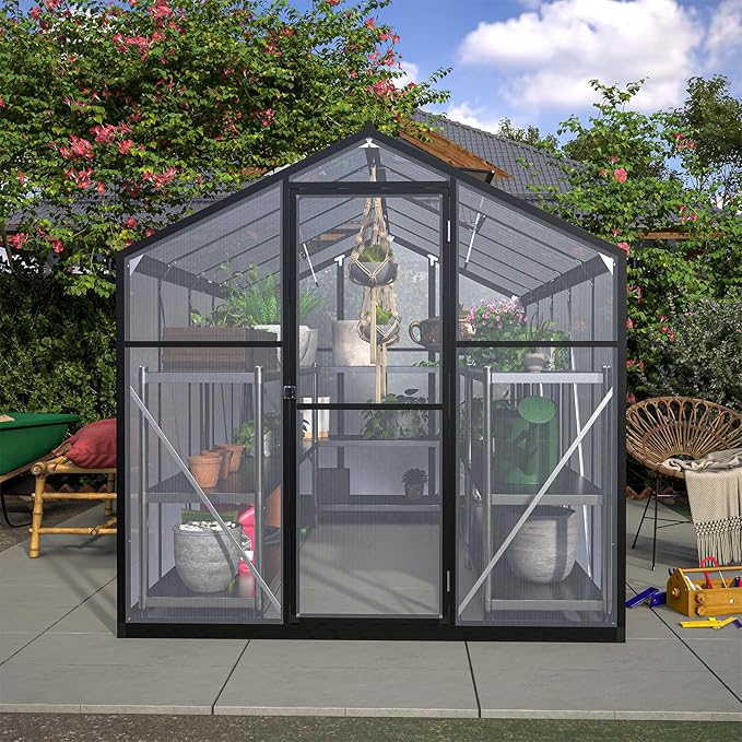 6x10 Ft Greenhouses for Outdoors, UV-Coated Polycarbonate Panels and Aluminium Green Houses for Outside, 2 Roof Vents, Invernaderos para Plantas Exterior, Walk-in Greenhouse Kit for Backyard, Lawn