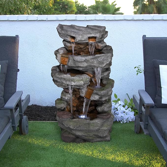 Alpine Corporation TZL284 39" Outdoor 4-Tier Cascading Stone Water Fountain with LED Lights – Natural Stone Look Water Feature for Patio, Garden, and Backyard Décor, Gray