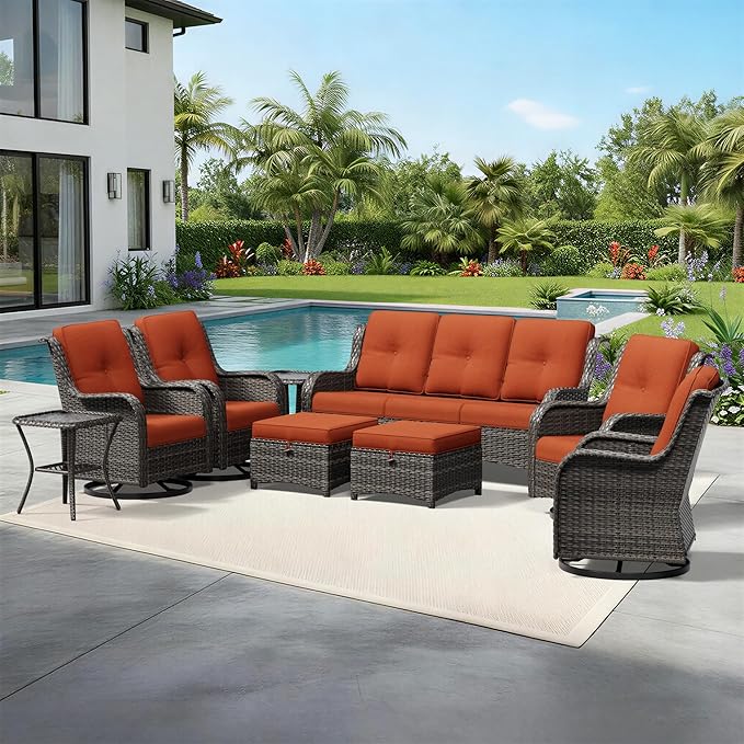 Joyside 9 Piece Wicker Patio Furniture Set, Outdoor Swivel Rocker Patio Chairs with High Back, Deep Seating, Wide Armrest, Thickened Cushions, Outdoor Furniture for Deck, Porch Use