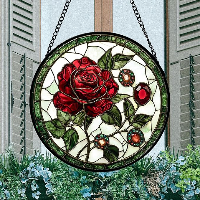 DASTOLL Stained Glass Window Hanging, Red Rose Gemstone Green Sun Catchers Diamond Glass Panel Hangings Suncatcher Decor for Birthday for Women, Men, Wife, Aunt, and Mom 14.9x14.9 in