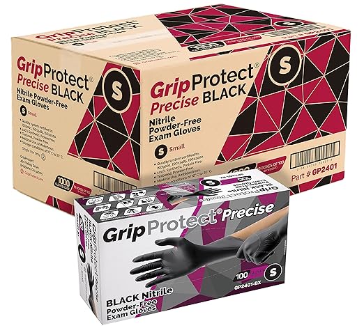 GripProtect® Precise Black Nitrile Gloves, Exam, 4 Mil, Food, Home, Cleaning, Medical/Dental, Tattoo (Small, 1,000)