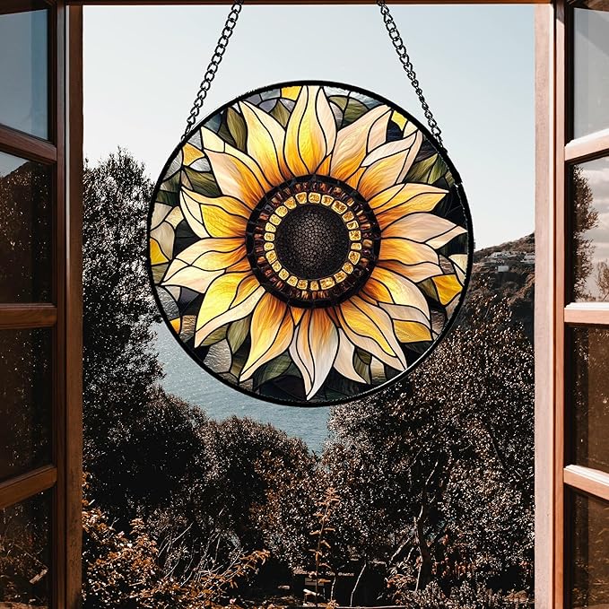 Stained Glass Window Hanging - Sunflower Suncatcher for Door Garden Patio Retro Flower Sun Catchers Decor Christmas Mother's Day Birthday Gifts for Women Mom Nana Friend Wife 7.8 in
