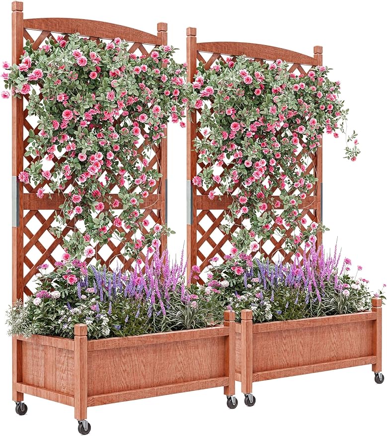 2 PCS Wooden Planter Box with Trellis, 29.5x13x61.5 in – Elevated Raised Garden Bed with Drainage Holes & Locking Wheels – Perfect for Outdoor, Balcony, or Indoor Gardening – Quick Assembly