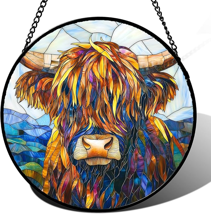 Stained Glass Window Hanging - Highland Cattle Suncatcher for Door Terrace Garden Home Decor Western Style Brown Cow Sun Catcher Birthday Gifts for Lovers Women Men Dad Mom Nana 15 in