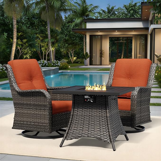 Joyside 3 Piece Wicker Patio Furniture Set with Fire Pit Table, Outdoor Swivel Rocker Patio Chairs with High Back, Deep Seating, Wide Armrest, Thickened Cushions, Outdoor Furniture for Deck, Porch Use