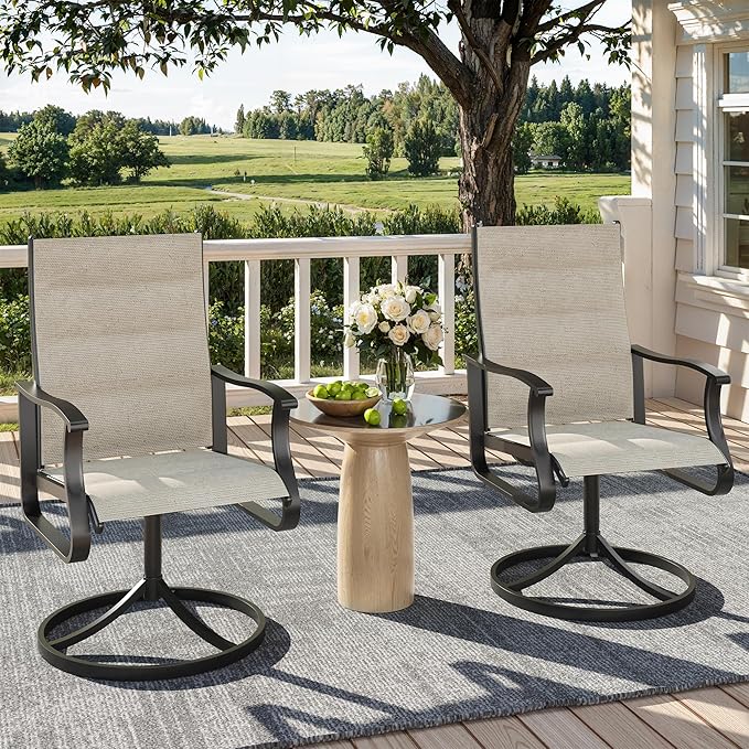 Patio Swivel Chairs Set of 2, Outdoor Dining Chairs with High Back, 360° Swivel Rocker Chair in All-Weather Padded Textilene & Metal Frame for Garden, Porch, Backyard, Balcony(Padded Beige)