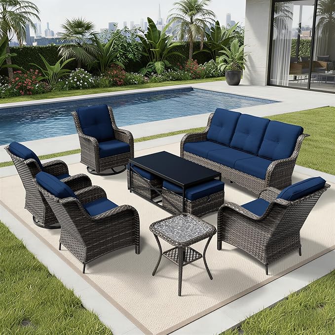 Joyside 9 Piece Wicker Patio Furniture Set, Outdoor Swivel Rocker Patio Chairs with High Back, Deep Seating, Wide Armrest, Thickened Cushions, Outdoor Furniture for Deck, Porch Use