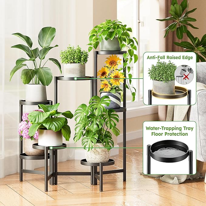 NQW 7 Tiered Metal Corner Plant Stand Indoor Outdoor, Tall Large Folding Rack with Rust Proof 7.9 Inch Wide Tray, Heavy Duty Flower Shelf for Multiple Plants for Patio - BlackDisk