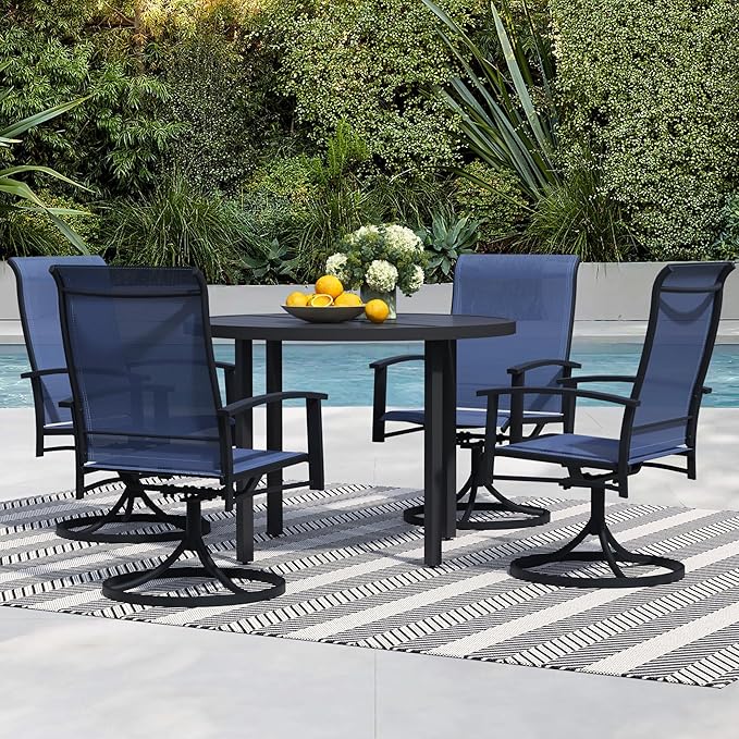 5 Pieces Outdoor Table and Chairs for 4, 42" Black Round Table with 4 Blue Swivel Chairs, Patio Set with Swivel Chair, Garden Tables for Outdoor, Patio Dining Set for Lawn Backyard Poolside