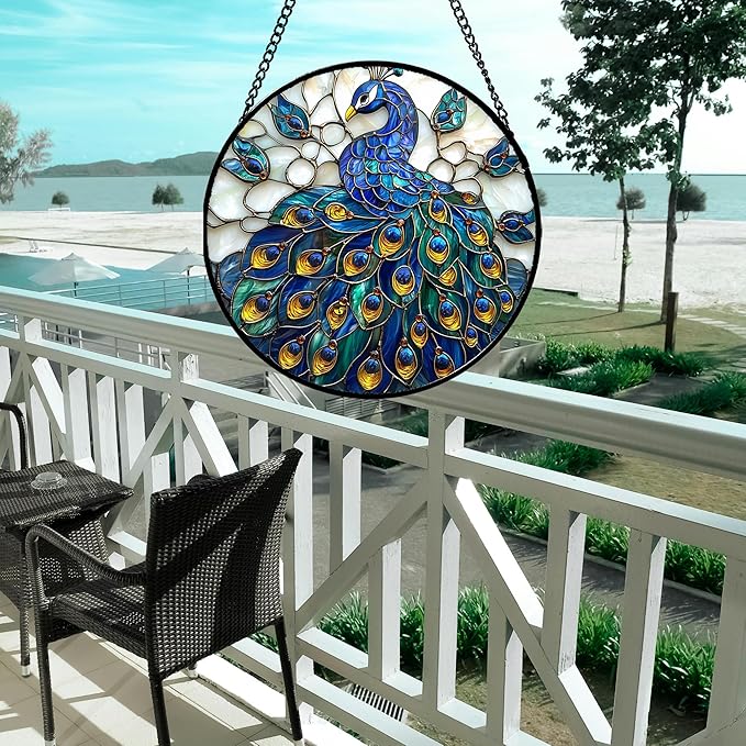 AMDERVEN Stained Glass Window Hanging - Peacock Blue Gold Feathers Sun Catcher for Door Garden Home Decor Bird Suncatcher Christmas Mother's Day Birthday Gifts for Women Men Mom Nana 9.8 in