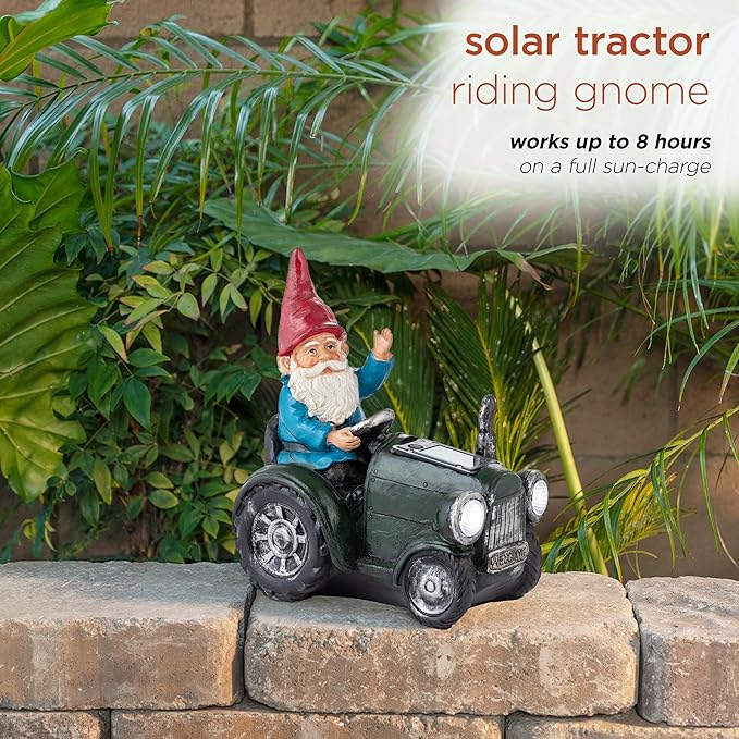 Alpine Corporation WQA1378SLR-GN Outdoor Garden Gnome Riding Green Tractor Solar Yard Statue Decoration with LED Lights, 10"