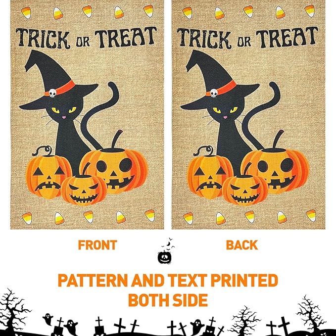 Halloween Trick Or Treat Black Cat and Pumpkins Burlap Garden Flag, Double Sided 12×18 Inch Halloween Jack-O-Lantern, Outside Small Yard Outdoor Flags Porch Lawn Yarde Decoration
