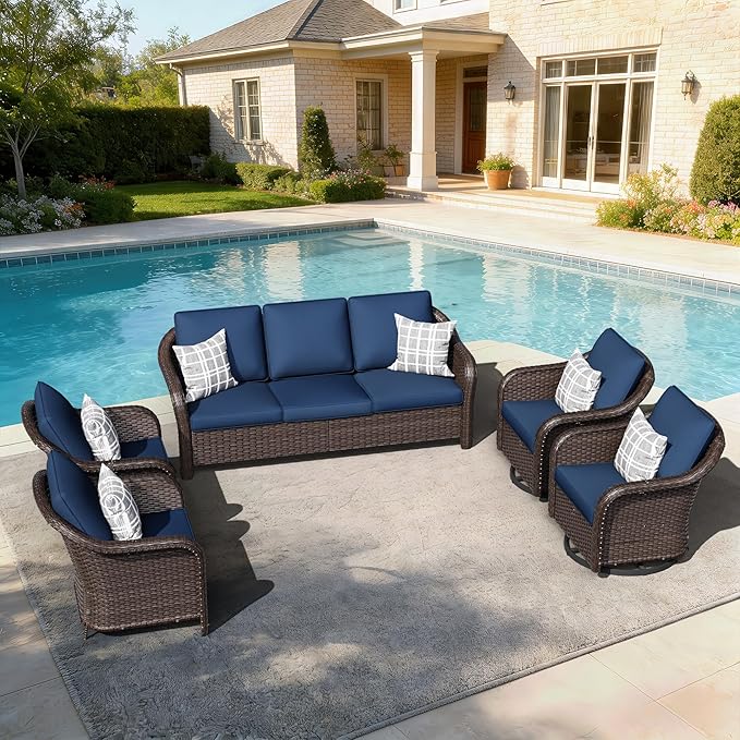 5 PCS Outdoor Conversation Set | 78" Couch, 2 Chairs, 2 Swivel Chairs, Patio Wicker Conversation Furniture with Removable Cushions for Bistro, Deck, Sunroom (Navy Blue)
