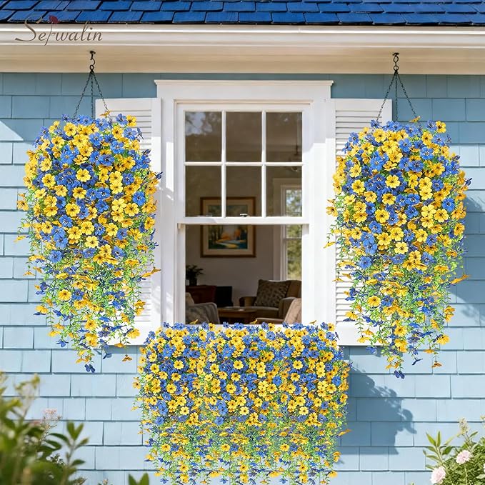 Serwalin 12PCS Artificial Fall Flowers for Outdoors Decoration, Realistic Silk Artificial Fall Hanging Flowers for Patio, Garden, Porch, Window, Outside (Yellow& Blue,12PCS)