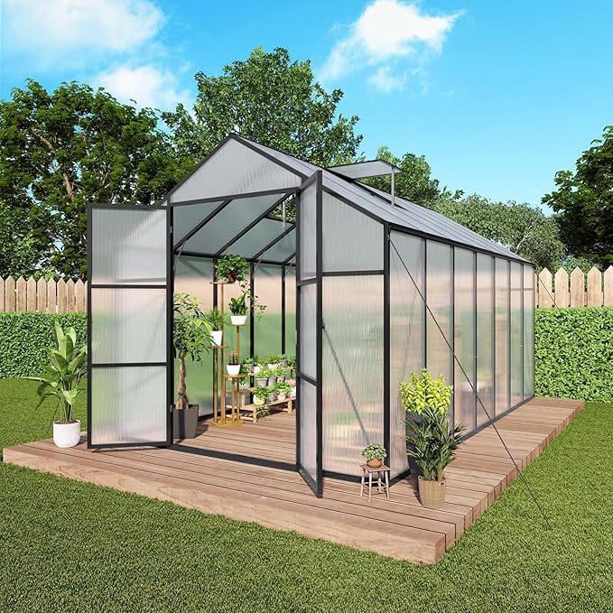 KEIKI 8x14 FT Polycarbonate Greenhouse for Outdoors, Heavy-Duty Walk-in Aluminum Greenhouse with Anchor Base, Light-Transmitting Panels & Drainage System, Black