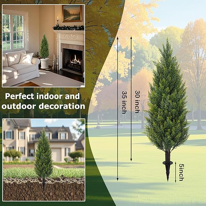 3FT Artificial Cedar Topiary Trees with Ground Spike, Set of 2 Faux Cypress Plants UV Resistant Artificial Pine Shrubs Fake Bushes for Outdoor Indoor Front Porch Garden