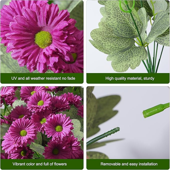 HyeFlora Artificial Flowers for Outdoors Spring Summer Outside Decor, 6 Bundles Fake Daisy Wild Silk Flowers UV Resistant Outdoor Faux Plants for Planter Front Door Porch Balcony Yard, Fuchsia