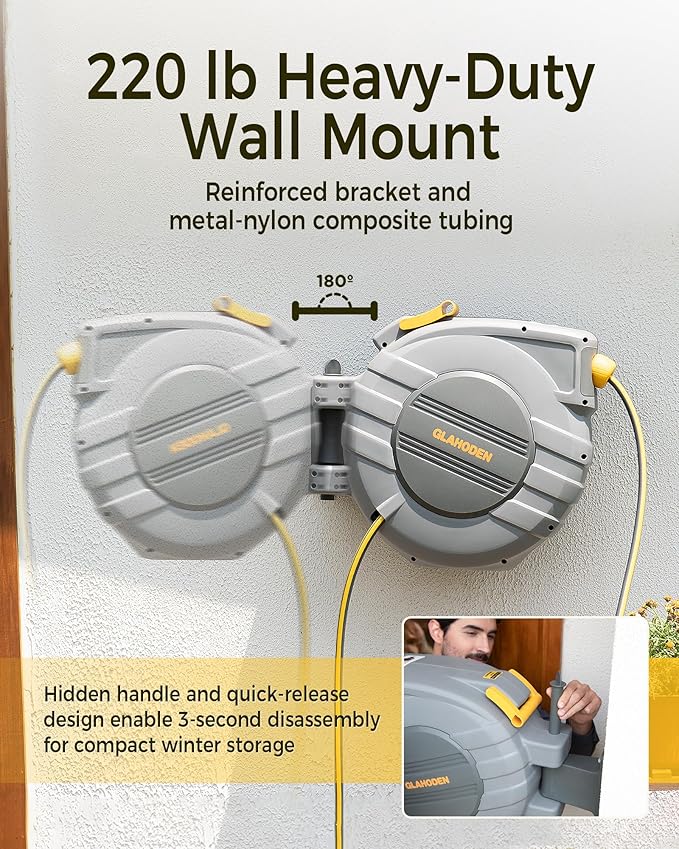 GLAHODEN Retractable Garden Hose Reel - 1/2 in x 130 ft Upgraded UV Resistant Automatic Wall Mounted Water Hose Reel 3/4 in Brass Fitting 9 Pattern Nozzle Any Length Lock Slow Retraction 180°Swivel