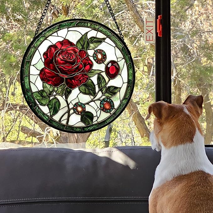 DASTOLL Stained Glass Window Hanging, Red Rose Gemstone Green Sun Catchers Diamond Glass Panel Hangings Suncatcher Decor for Birthday for Women, Men, Wife, Aunt, and Mom 14.9x14.9 in
