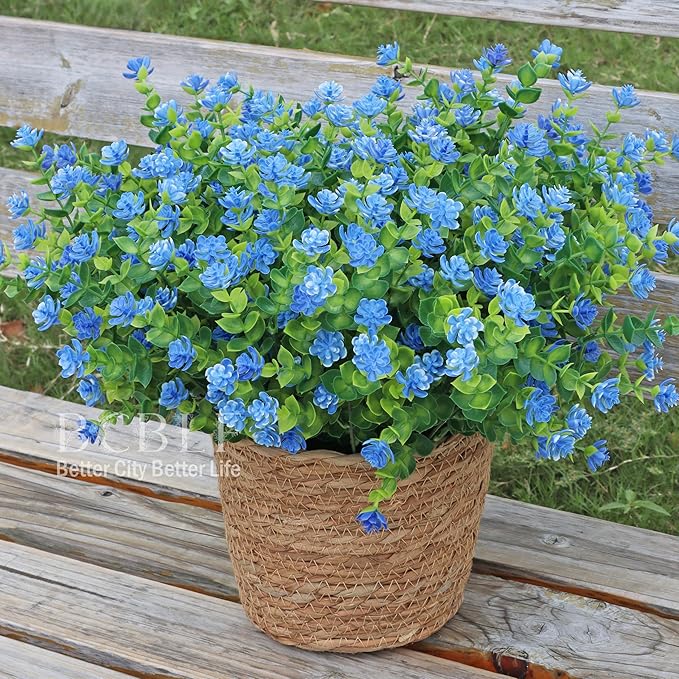 BCBLF Artificial Flowers for Outdoors, 12 Bundles UV Resistant Realistic Faux Plants for Outside Porch Planter, Spring Summer Home Garden Decoration, Blue