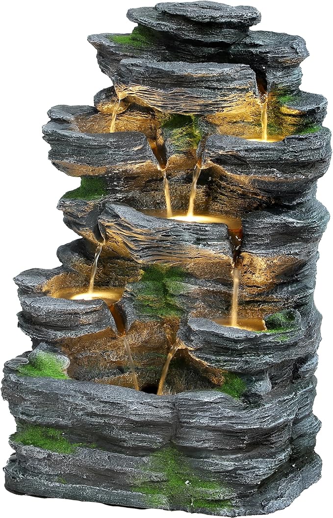 7-Tiers Garden Waterfall Fountain Outdoor - Water Fountains and Waterfalls, Outdoor/Indoor Floor Standing Resin Water Fountain with LED Light for Patio, Garden and Backyard, Deck, Porch, Home