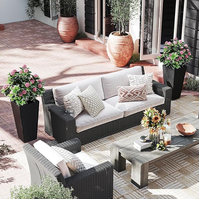 Giantex Set of 2 Outdoor Wicker Flower Pot, 30 Inch Tall Planters with Drainage System, PE Rattan Flower Pots, Indoor Outdoor Decoration for Front Porch Balcony Entryway