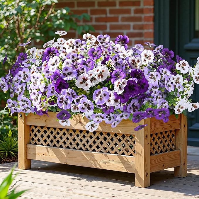 Waipfaru 20 Bundles Artificial Pansy Flowers for Outdoor, UV Resistant Faux Silk Flowers for Outdoor Planters Front Door Porch Yard Patio Window Box Home Decor (White, Purple, Light Purple)