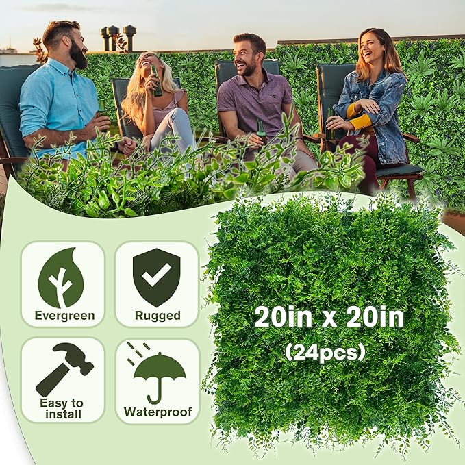 DOPGIB Greenery Faux Grass Wall Backdrop: 20"x20" (24P) UV-Anti Artificial Green Boxwood Panel for Patio Balcony Privacy & Ivy Fence Covering Privacy, Garden, Backyard Wall Backdrop Decor