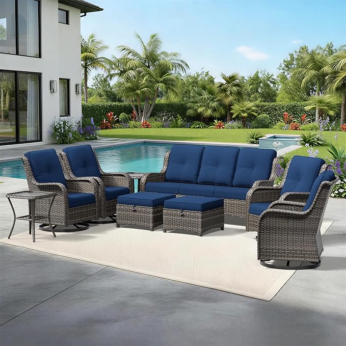 Joyside 9 Piece Wicker Patio Furniture Set, Outdoor Swivel Rocker Patio Chairs with High Back, Deep Seating, Wide Armrest, Thickened Cushions, Outdoor Furniture for Deck, Porch Use