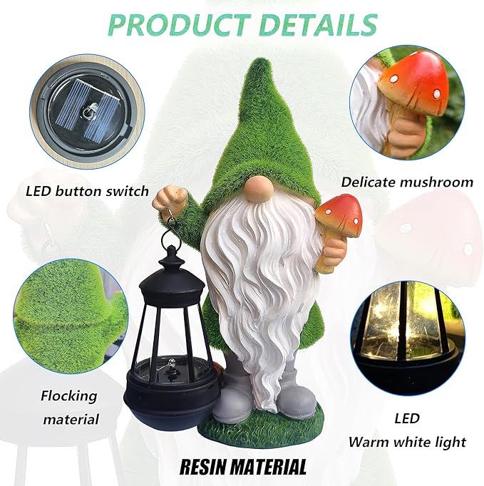 Qobumy Gnomes Solar Garden Statues,Resin Gnome Figurine Decorations Holding Mushroom and Solar Lights Lantern, Outdoor Figurines Lawn Garden Statue Decor Art for Lawn,Yard, Balcony Ornament.