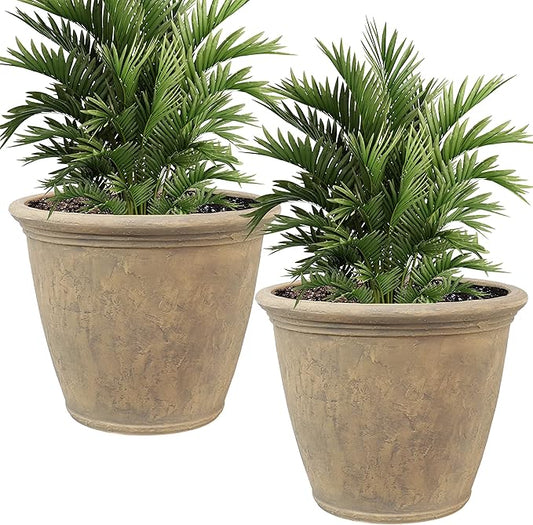 Sunnydaze 24-Inch Anjelica Large Plastic Pot for Plants - Double-Walled Outdoor Polyresin Round Planter Porch Pot with Drillable Drainage Holes - Beige - 2pk