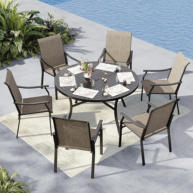 MFSTUDIO Patio Dining Set for 6, Outdoor Round Table and Chairs with Umbrella Hole, 7 Piece Outdoor Patio Dining Set for Deck, Yard, Garden