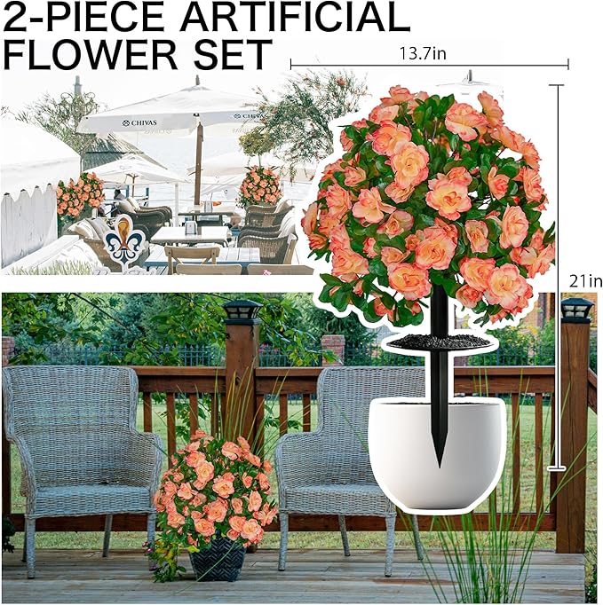 AZXVT Artificial Flowers for Outdoors, Faux Outdoor Plants Fake Plants Topiary Balls Artificial Outdoor Set of 2 with Ground Spike for Home Front Porch Patio Garden Decor (Tangerine)