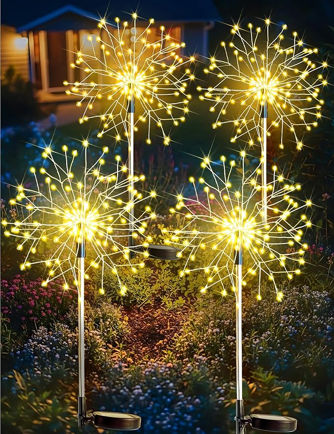 suddus Solar Garden Lights Outdoor Waterproof Decorative, 4Pack 150LED Firework Lights, Solar Fairy Lights for Yard, Garden, Party, Patio, Pathway, Flowerbed, Wedding - Warm White