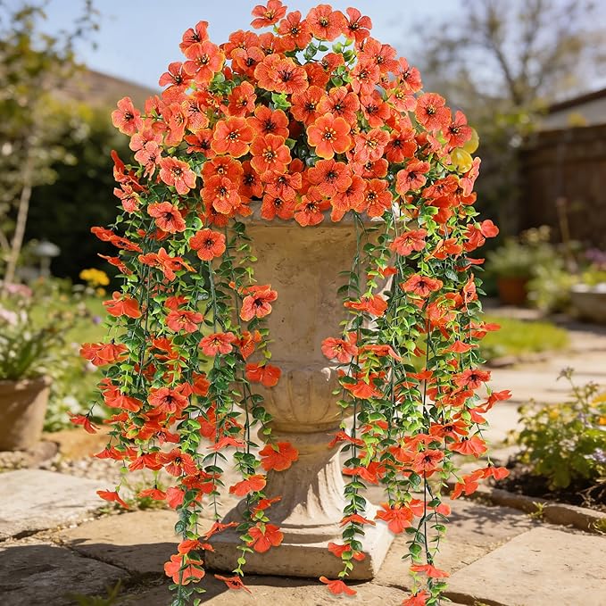 AmberFun Artificial Hanging Flowers for Outdoors,2 Bundles Silk Fake Fall Flowers for Outside, Realistic Faux Plants for Hanging Baskets, Planters-Porch, Patio, Yard Decor(Orange)