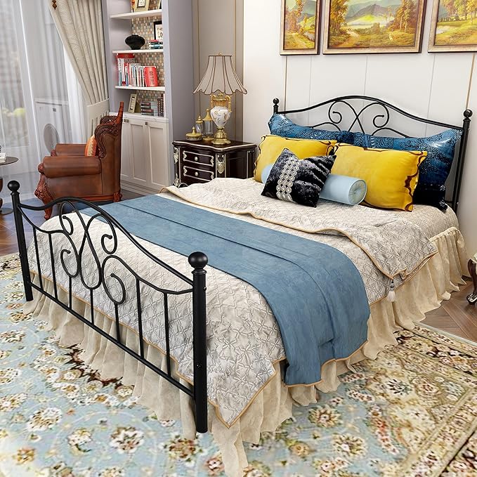 DUMEE Metal Platform Full Size Bed Frame with Vintage Headboard and Footboard Full Bed Frame Under Bed Storage No Box Spring Needed (Full/Double Size, Black)