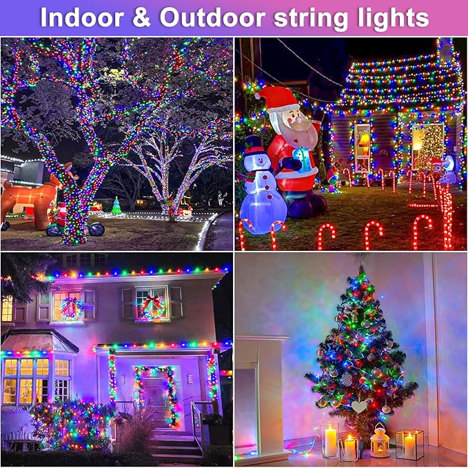 Christmas Lights Indoor Outdoor 197ft 600 LED Christmas String Lights Indoor 8 Modes Clear Wire, Plug in Waterproof Twinkle Fairy Lights for Bedroom Tree Christmas Decorations, Multicolor