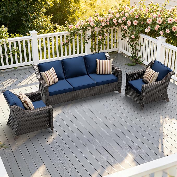 3 Pieces Patio Conversation Furniture Set - 1 Sofa, 2 Armchairs, Outdoor Wicker Furniture with Removable Cushions for Porch, Balcony, Sunroom (Blue)