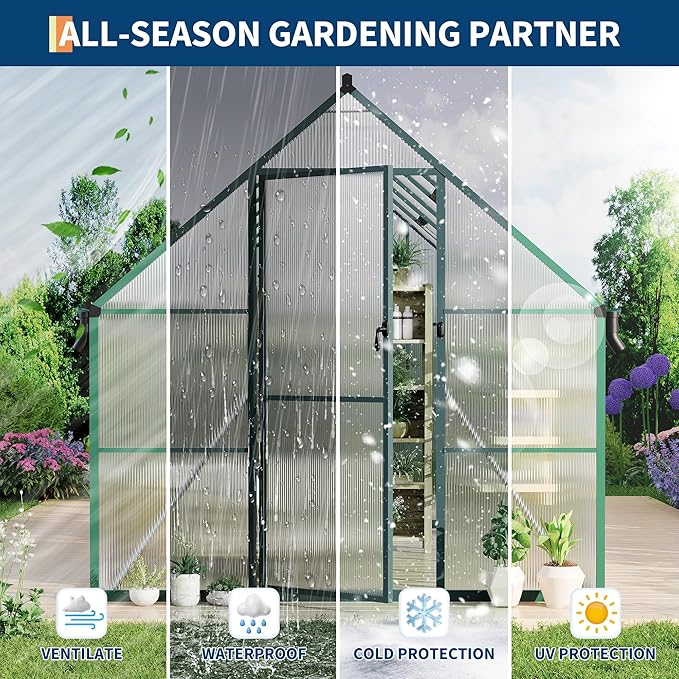 Polycarbonate Greenhouse for Outdoors, Large Walk-InGreenhouse with Quick Setup Structure and Roof Vent, Greenhouse with Ventilation