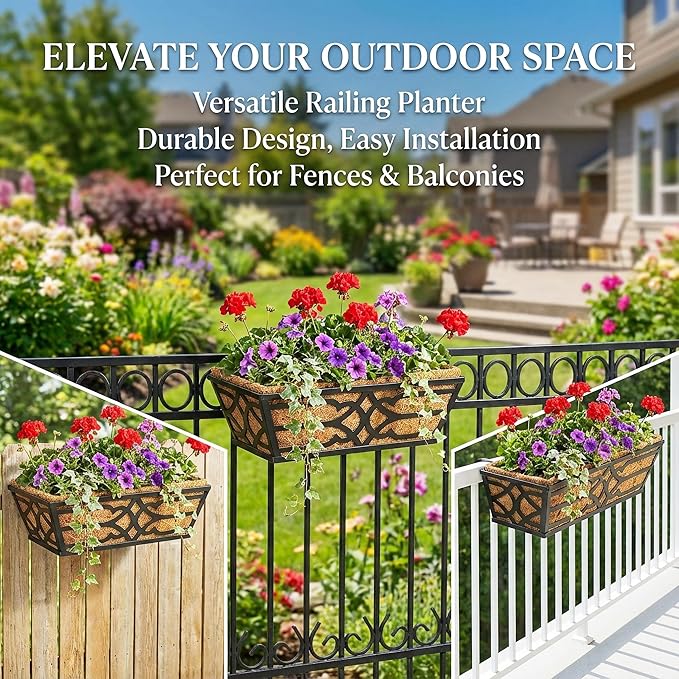 Railing Planter Box, Window Planter Boxes Outdoor 4 Pack 16 Inch Hanging Planter with Adjustable Bracket for Porch, Fence Flower Baskets with Coco Liners